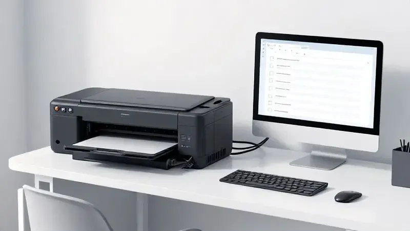 Ambiente de trabalho preparado para instalação de impressora, com cabos organizados e checklist em computador.