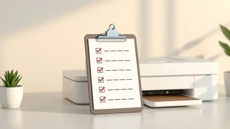 Prancheta com checklist ao lado de uma impressora minimalista, simbolizando a análise final e critérios de escolha.