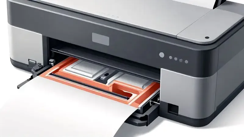 Ilustração técnica da anatomia interna da impressora, destacando bandejas, guias e sensores