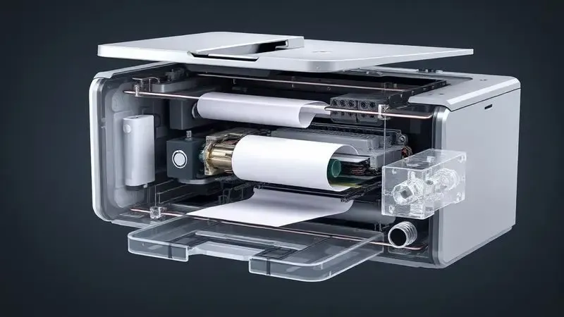 Ilustração digital da anatomia interna de uma impressora com componentes visíveis em vista conceitual