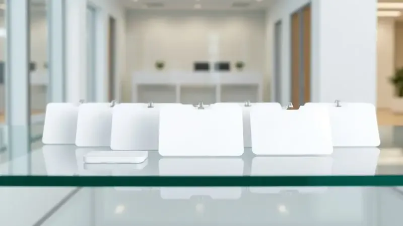 Renderização em 3D de diversos cartões de acesso e identificação sobre um balcão de recepção elegante.