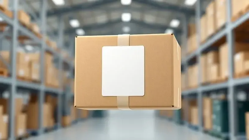 Representação 3D de um pacote de encomendas com etiqueta de envio em um ambiente logístico moderno e organizado.