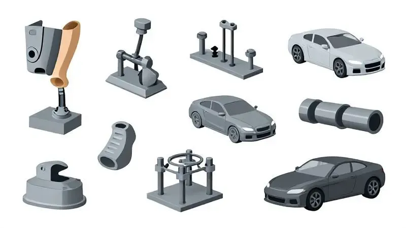 Cena conceitual das aplicações revolucionárias da impressão 3D em medicina, engenharia e educação.