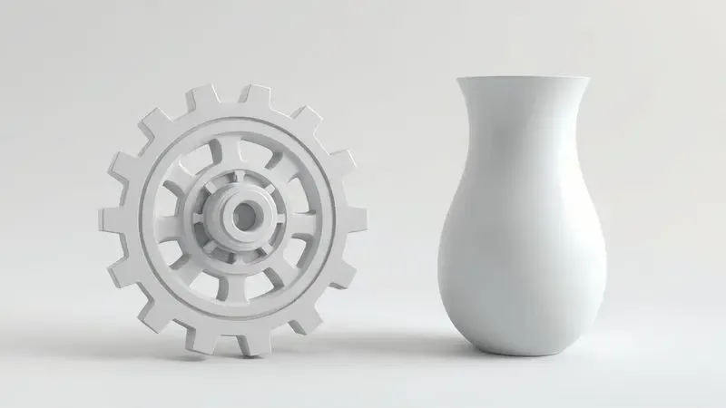 Renderização 3D comparando uma engrenagem mecânica robusta e um vaso decorativo delicado, exemplificando usos funcionais e estéticos.