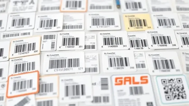 Ilustração conceitual de diversas etiquetas de códigos de barras e QR codes aplicadas em diferentes superfícies.