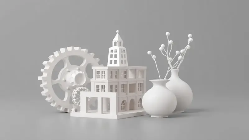 Renderização artística de objetos variados produzidos por impressão 3D, como engrenagens e modelos arquitetônicos.