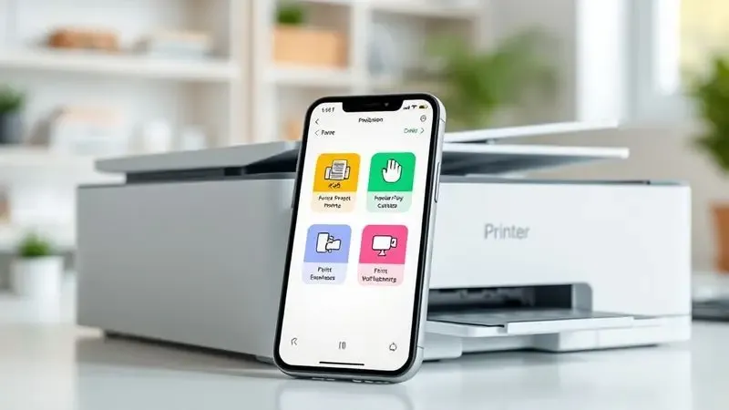 Ilustração de um smartphone com interface de aplicativo de controle de impressão ao lado de uma impressora estilizada.