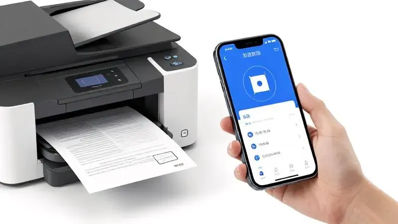 Ilustração de aplicativo de scanning em smartphone conectado à impressora multifuncional