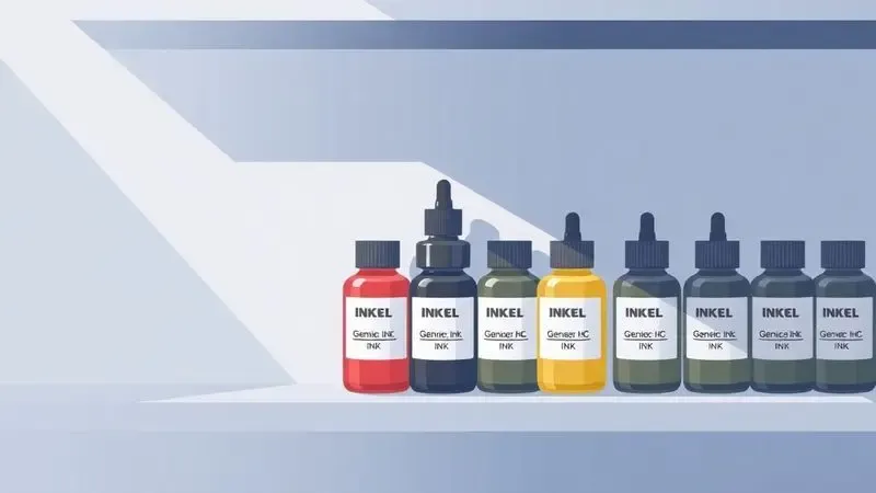 Frascos de tinta genéricos armazenados de forma organizada em uma prateleira protegida da luz.