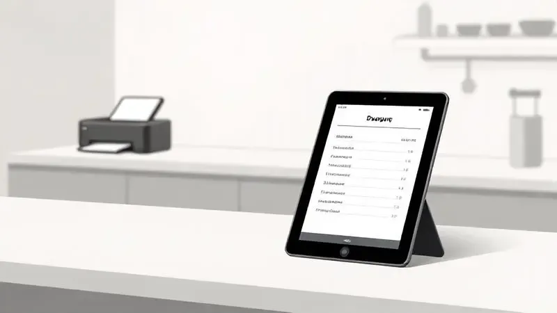 Conceito de automação comercial em restaurante, tablet com pedidos e integração de impressora no ambiente.