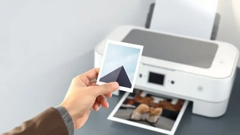 Mão segurando uma foto impressa em alta qualidade ao lado de uma impressora moderna, demonstrando nitidez nos detalhes.