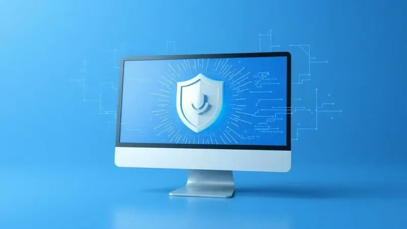 Ilustração 3D conceitual de um escudo de segurança e ícone de download digital para drivers de impressora.