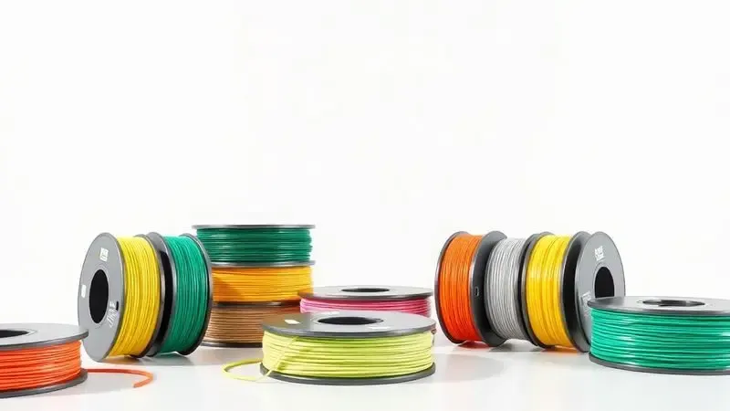 Carretéis coloridos de filamento PLA sem marca dispostos artisticamente em ambiente clean.