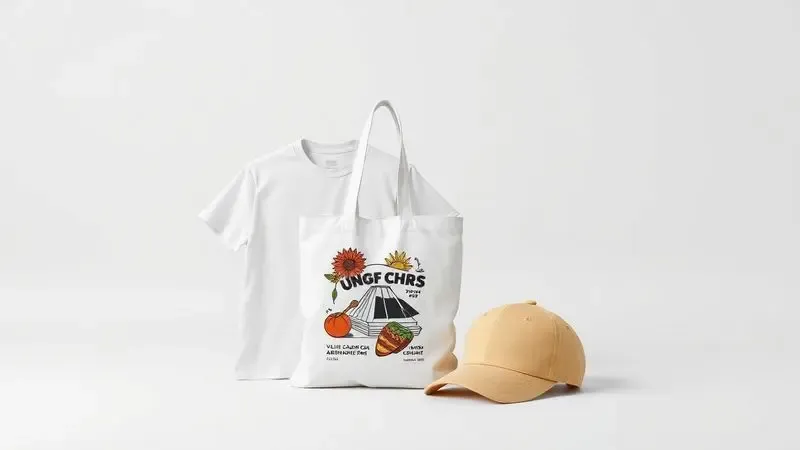 Renderização 3D de produtos têxteis variados como camisetas e bolsas com estampas de alta qualidade em um cenário minimalista.