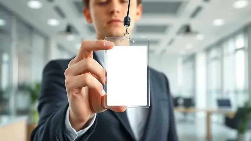 Ilustração de um profissional segurando um crachá de identificação em um ambiente de escritório moderno.