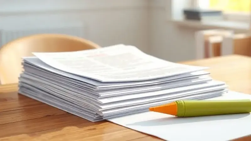 Pilha de trabalhos acadêmicos impressos e materiais de estudo sobre uma mesa de madeira.