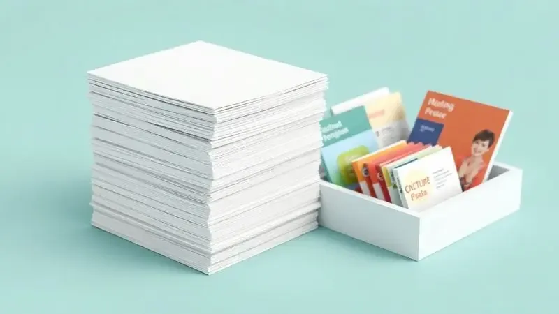 Representação 3D de uma pilha de documentos de escritório e materiais gráficos coloridos simbolizando produtividade e versatilidade.