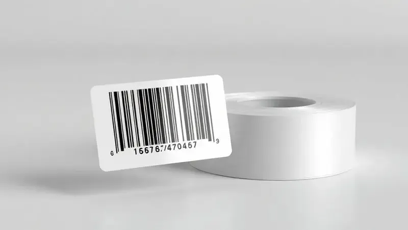 Renderização 3D de uma etiqueta com código de barras nítido e resistente ao lado de um rolo de ribbon em tons neutros.