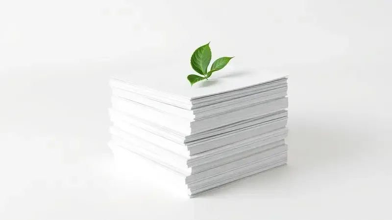 Ilustração 3D conceitual de uma pilha de papéis com uma folha verde, representando economia e sustentabilidade na impressão duplex.