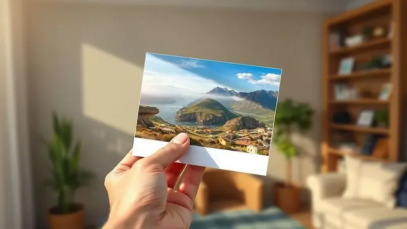 Mão segurando uma fotografia impressa em alta qualidade mostrando uma paisagem natural vibrante.