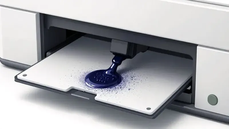 Ilustração das causas do entupimento de cabeça de impressão como secagem de tinta e acumulação de partículas