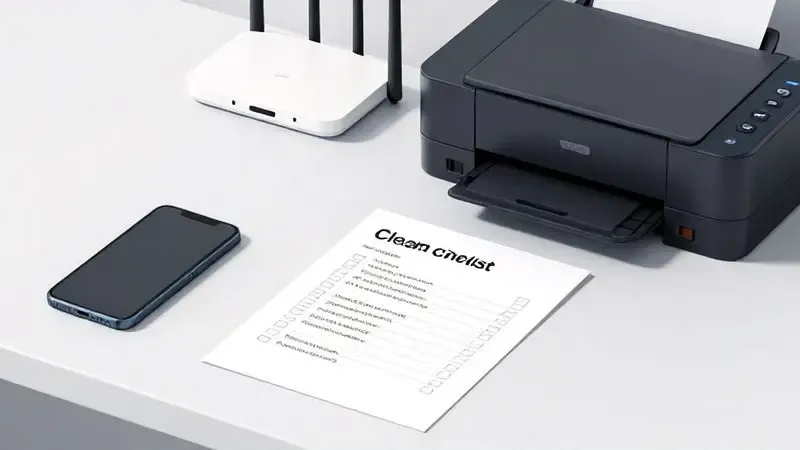 Checklist visual para configuração de rede Wi-Fi com elementos de conectividade organizados em mesa minimalista