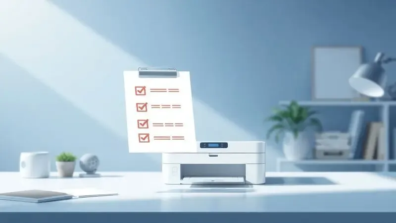 Desenho digital de um checklist de segurança e organização de cabos antes de iniciar o reset de uma impressora.