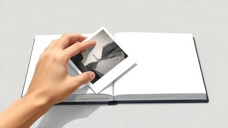Ilustração conceitual de fotos sendo guardadas em um álbum para preservação e proteção.