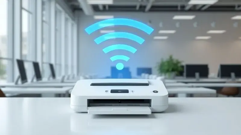 Scanner moderno emitindo sinais de conexão Wi-Fi em um ambiente de escritório minimalista.