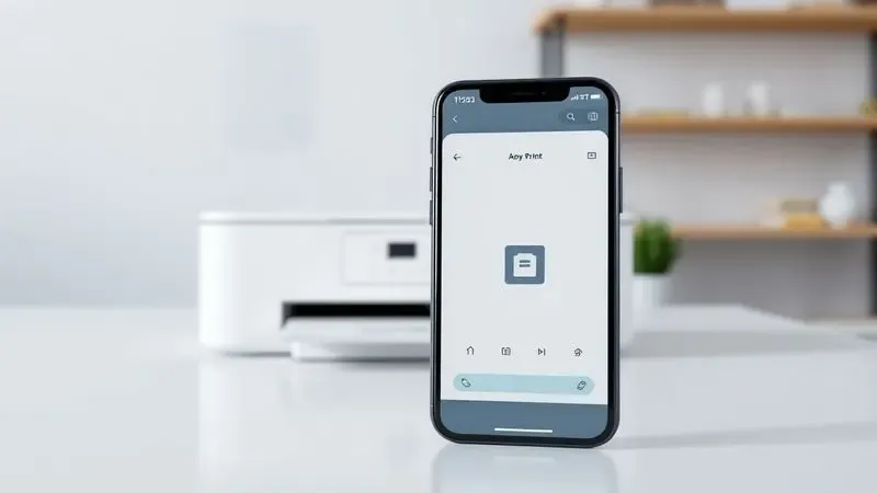 Renderização 3D de um smartphone moderno exibindo um aplicativo de impressão ao lado de uma impressora minimalista em um ambiente clean.