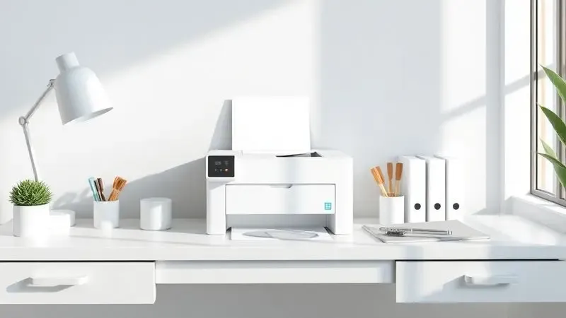 Ilustração digital de um escritório minimalista com uma impressora a laser genérica sobre a mesa organizada.