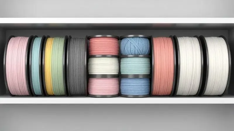Diversos carretéis de filamento organizados em uma prateleira moderna para escolha do usuário.