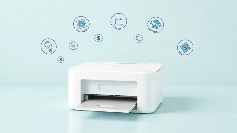 Ilustração 3D de uma impressora compacta cercada por ícones que representam economia e eficiência em um ambiente minimalista.