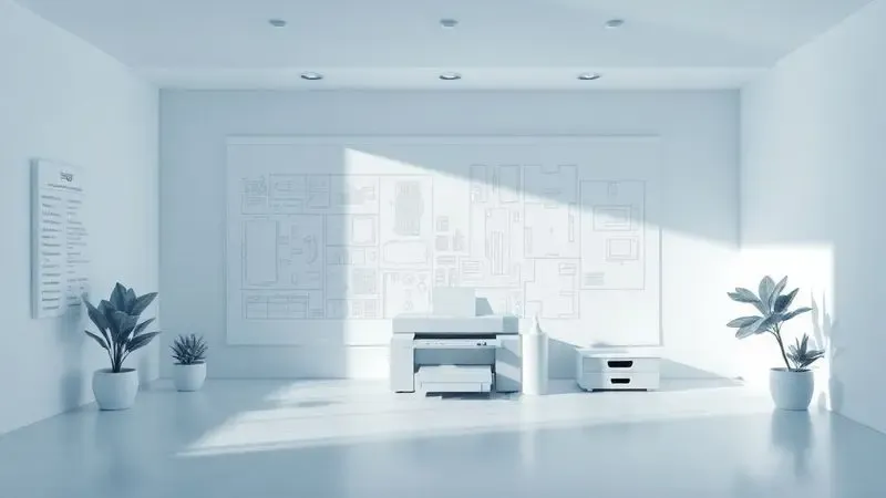 Ilustração 3D de um ambiente de trabalho organizado com foco na escolha da tecnologia de impressão correta.