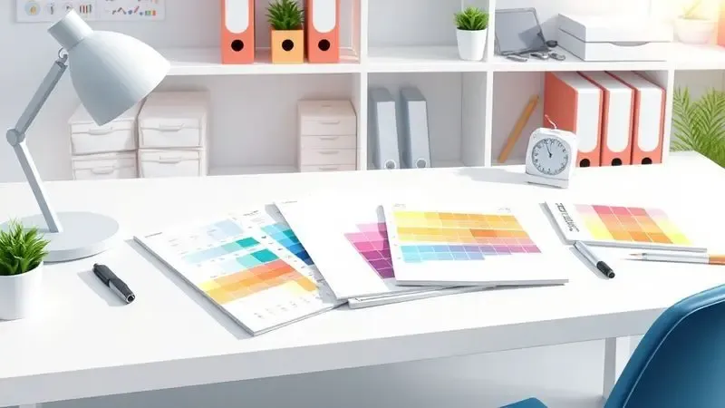 Amostras de papéis de alta qualidade e paletas de cores vibrantes sobre uma mesa de trabalho limpa e profissional.