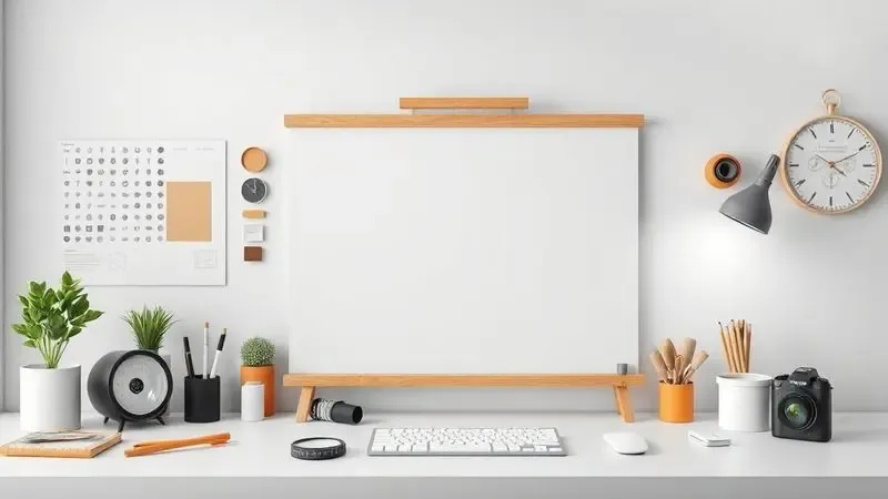 Ilustração conceitual em 3D de um espaço de trabalho criativo com foco em formatos de papel A3 e ferramentas de design.