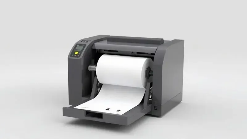 Ilustração 3D detalhando o funcionamento interno e o rolo de papel de uma impressora térmica genérica em um fundo limpo.