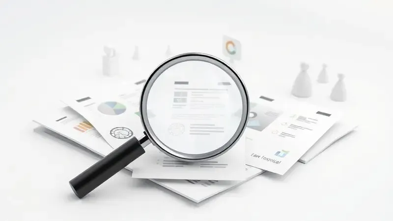 Ilustração digital de uma lupa analisando diferentes formatos de papel e ícones técnicos de impressão em um estilo limpo.