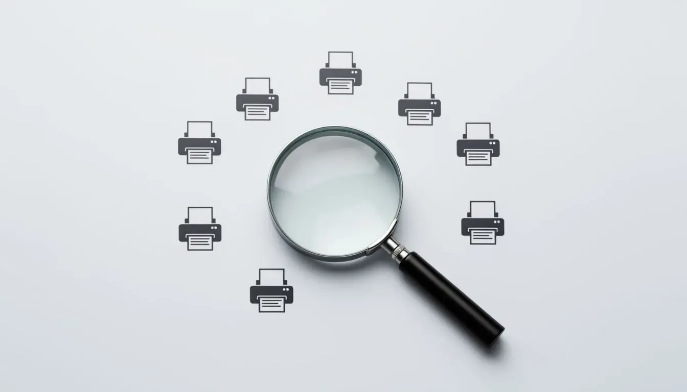 Ilustração de uma lupa sobre ícones de impressoras minimalistas, representando a análise de modelos econômicos.