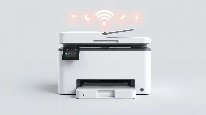 Ilustração digital de ícones flutuando sobre uma impressora minimalista, representando conectividade e tecnologia.