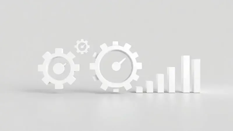 Visualização conceitual 3D de ícones técnicos representando resolução e desempenho de equipamentos.