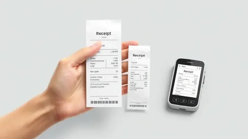 Ilustração digital mostrando diferentes tamanhos de bobinas e uma impressora térmica compacta para exemplificar critérios de escolha.