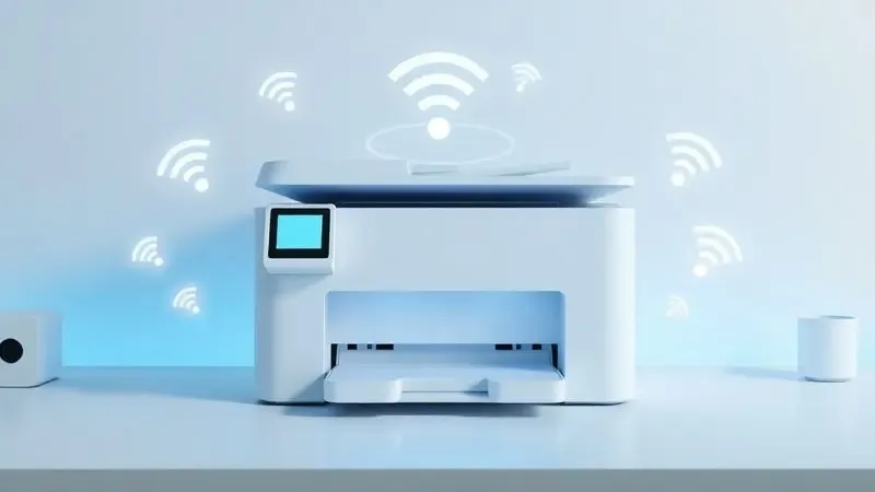 Ilustração 3D conceitual de uma impressora moderna com ícones de ondas de Wi-Fi flutuantes, representando tecnologia sem fio.