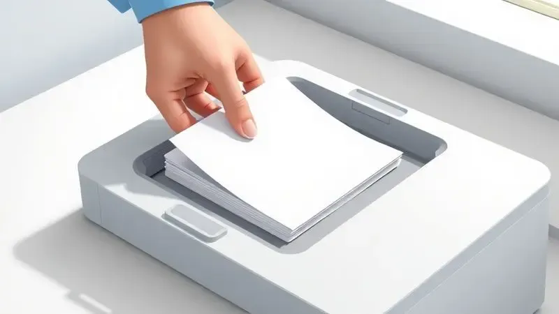 Ilustração técnica de uma mão alinhando corretamente uma pilha de papel na bandeja de entrada de uma impressora minimalista.