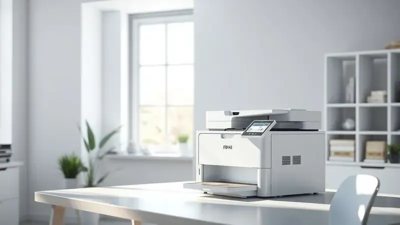 Escritório moderno e iluminado com uma impressora operando suavemente em uma mesa organizada, transmitindo tranquilidade.