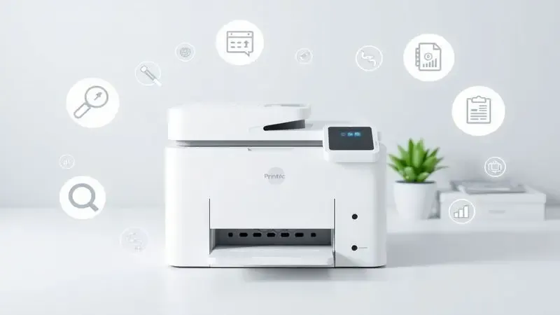 Ilustração 3D conceitual representando o diagnóstico de problemas em uma impressora com ícones de lupa e análise.
