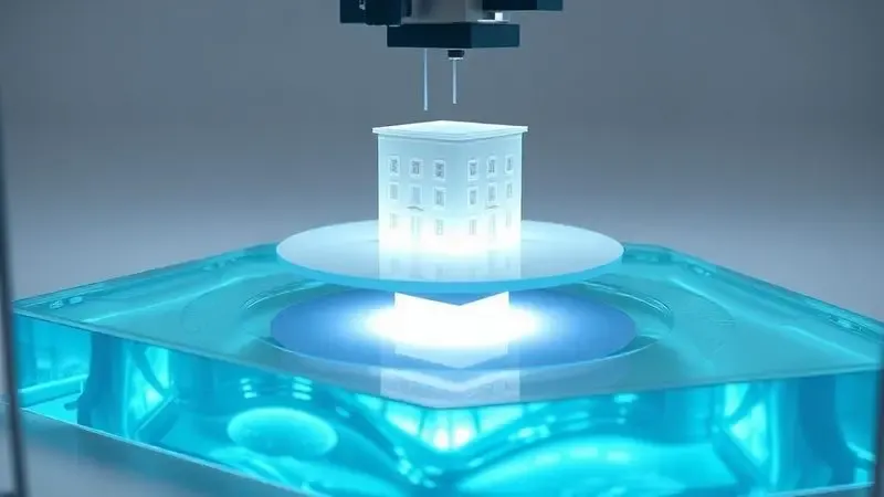 Ilustração 3D conceitual mostrando o processo de cura da resina líquida por meio de luz UV em um tanque de impressão.