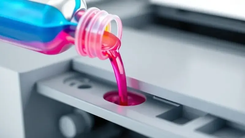 Ilustração 3D de garrafas de tinta recarregando o sistema de tanque de uma impressora sem cartuchos.