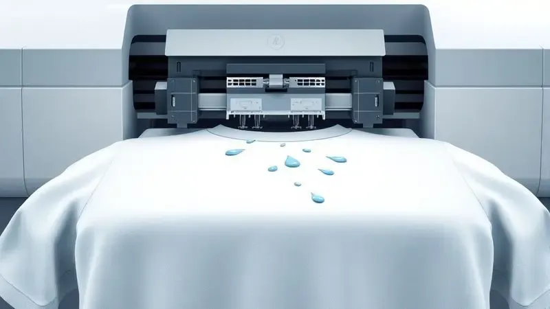 Ilustração digital detalhando o processo interno de uma cabeça de impressão aplicando tinta em tecido de algodão.