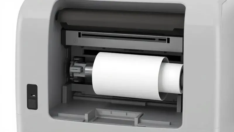 Ilustração digital 3D mostrando o mecanismo de calor interno e um rolo de papel de uma impressora térmica genérica.